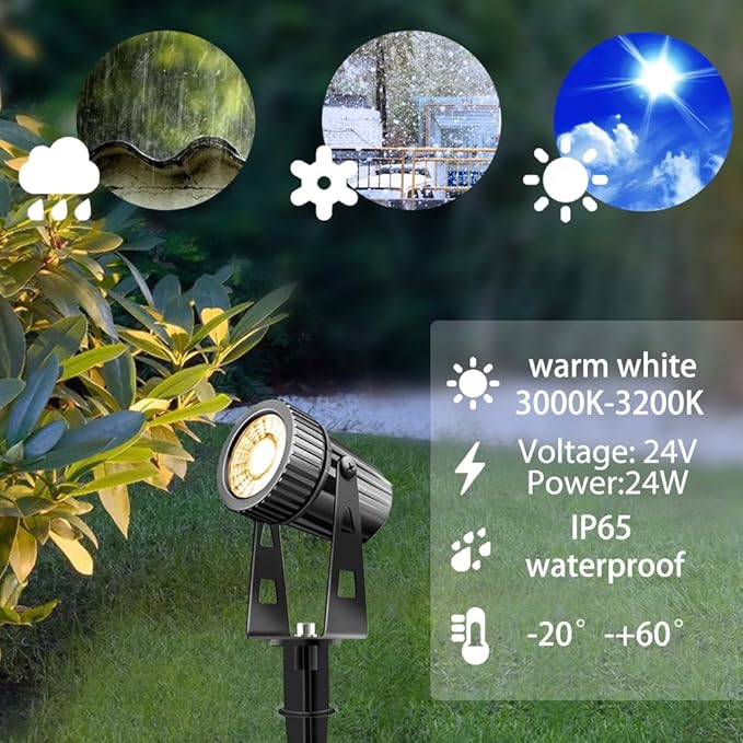 LED Landscape Lights Low Voltage, COB Landscape Lighting 24V 24W Warm White, 2100LM Garden Spotlights Outdoor for Yard, Lawn, Wall, Fence(8 Pack)
