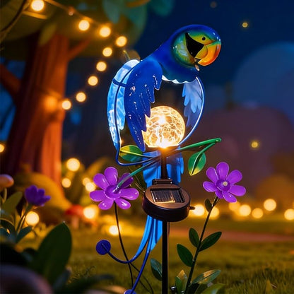 Solar Powered Parrot Garden Stake Light, Warm White LED Crackle Globe Light, Waterproof Metal & Glass Outdoor Decor for Yard, Pathway, Lawn, Patio, and Bird Lover Gift