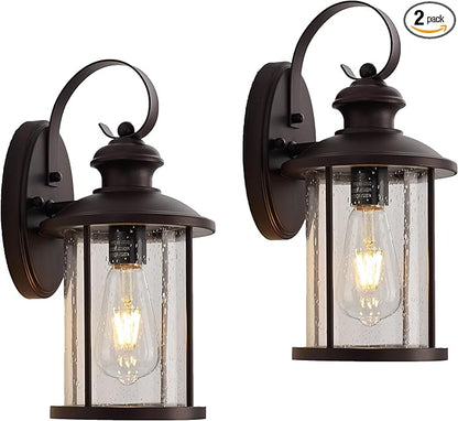 MICSIU 2 Pack 13.75" Oil Rubbed Bronze Outdoor Wall Light Fixtures, 100W Max Exterior Porch Sconce with Clear Seedy Glass, Dimmable Anti-Rust Wall Mount Lighting for House, Garage, Front Door