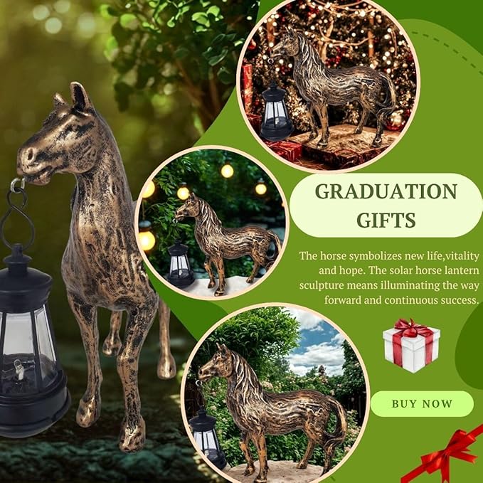 Horse Garden Statue with Solar Lantern,Garden Outdoor Horse Figurines Decor for Farmhouse Patio Yard Lawn Home Gifts for Mom Grandma Wome Housewarming Christmas Birthday (Bronze)