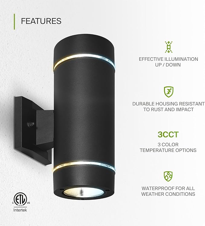 ASD 2 Light LED Indoor & Outdoor Wall Light Fixture | 18W 1180LM 3000K-5000K 100-277V Cylinder Up Down Lights | | Lumora