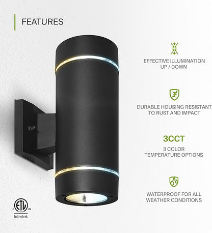 ASD 2 Light LED Indoor & Outdoor Wall Light Fixture | 18W 1180LM 3000K-5000K 100-277V Cylinder Up Down Lights | Dimmable Exterior Wall Sconce | Front Door, Porch, Patio | Ringed Black, ETL 2 Pack