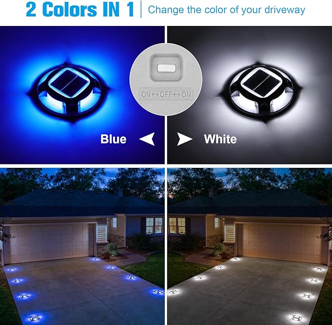 VOLISUN Solar Driveway Dock Marine Lights 8-Pack,2 Colors in 1,Outdoor LED Deck Lights,Solar Powered Waterproof Driveway Marker Light for Warning Step Sidewalk Pathway (White/Blue),Saltwater Resistant