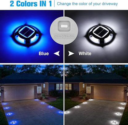 VOLISUN Solar Driveway Dock Marine Lights 8-Pack,2 Colors in 1,Outdoor LED Deck Lights,Solar Powered Waterproof Driveway Marker Light for Warning Step Sidewalk Pathway (White/Blue),Saltwater Resistant
