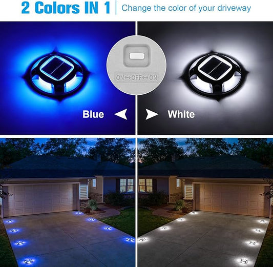 VOLISUN Solar Driveway Lights Dock Marine Lights 16 Pack,2 Colors in 1,Outdoor LED Deck Light,Solar Powered Waterproof Warning Step Light for Driveway Sidewalk Pathway (Blue/White),Saltwater Resistant
