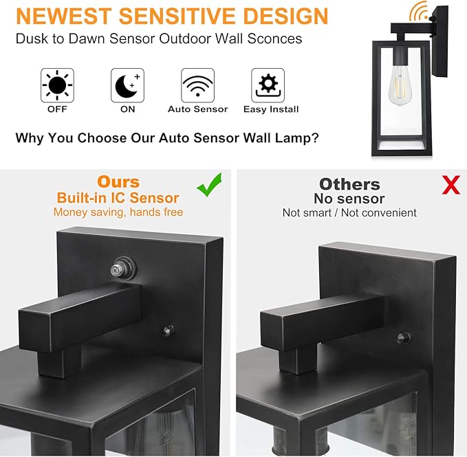 SHINE HAI Dusk to Dawn Sensor Outdoor Wall Sconce, Exterior Porch Lantern Fixture with E26 Socket & Glass Shade | Lumora