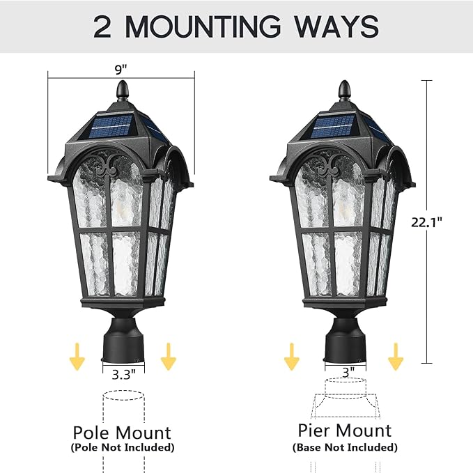 Emliviar Outdoor Solar Lamp Post Light in Black Finish, 22.1" Large Outdoor Lighting with Water Grain Glass Shade | Lumora