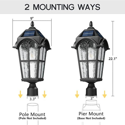 Emliviar Outdoor Solar Lamp Post Light in Black Finish, 22.1" Large Outdoor Lighting with Water Grain Glass Shade for Patio, Vintage Post Lantern LED Bulb Included with Remote Control, YXE302MP-SL BK