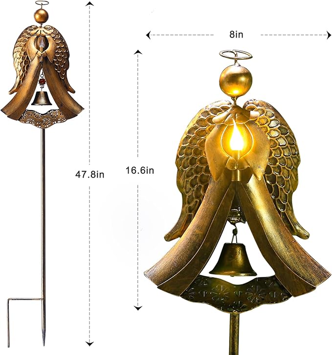 Homight Solar Garden Stake Light - Metal Angel Solar Warm Stake Light Memorial Gift - Outdoor Bronze Angel Bell Candle Prayer Metal Lamp - Waterproof Garden Lawn Patio Gift