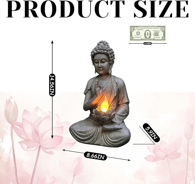 FENGSHUI-CAISHEN Solar Buddha Statue Outdoor, Waterproof Outdoor Solar Light for Garden, Solar Garden Decor, Zen Accessories, Patio Buddha Decor (A)