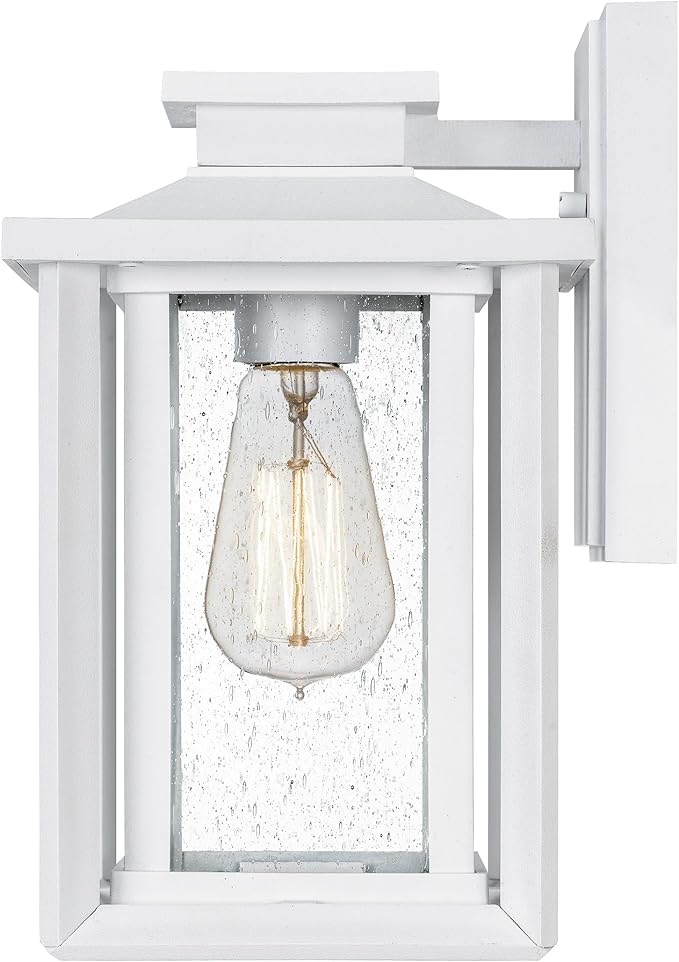 Quoizel Wakefield Vintage Wall Sconce, Coastal Armour 11 Inch 1-Light Matte White Wall Lantern, Clear Seedy Glass Light Fixtures, 100W Medium Base Bulb, Outside Lights for Patio, Porch or Garage