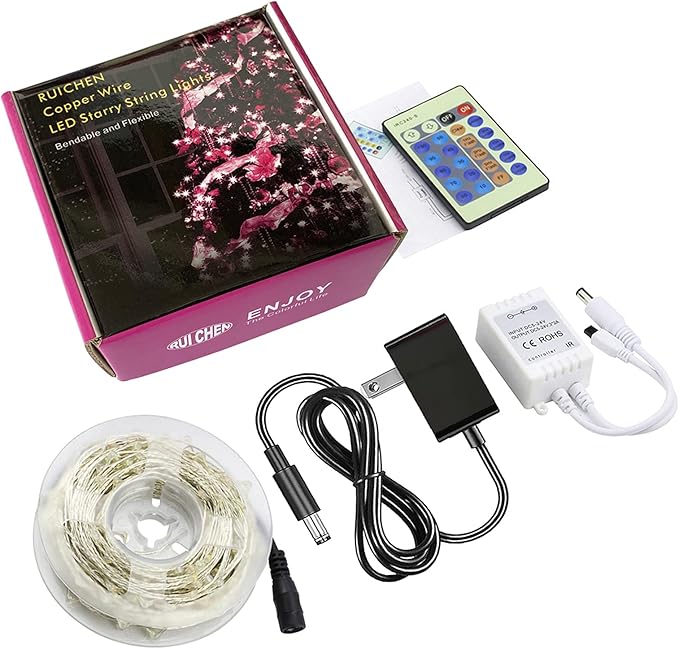 RUICHEN Dimmable Purple Fairy Lights Plug in, 33 Ft 100 LED Twinkle String Lights with Remote, Waterproof Silver Wire Lights for Christmas Halloween Party Bedroom Patio Garden
