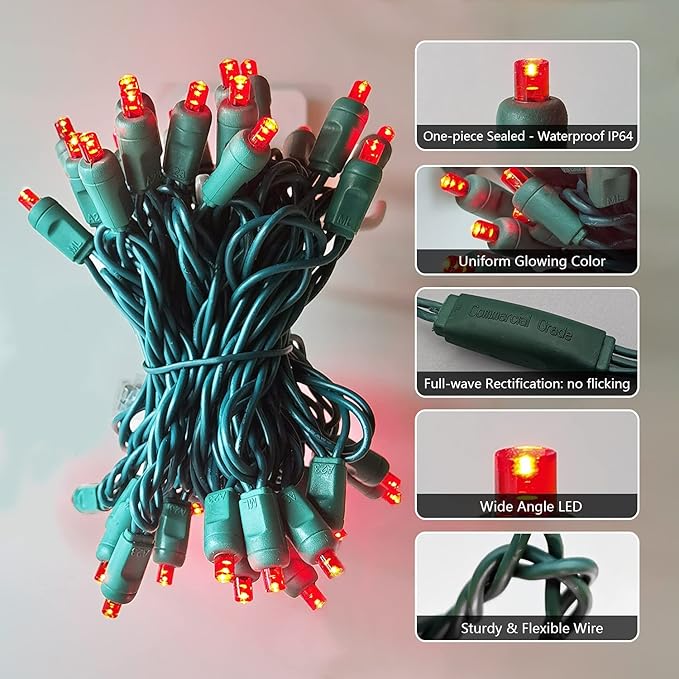Christmas Lights 50 Red LED 17FT Mini LED String Lights, 120V UL, Green Wire Xmas Lights for Indoor & Outdoor Use, Holiday Party Decorations, Trees, Light Displays