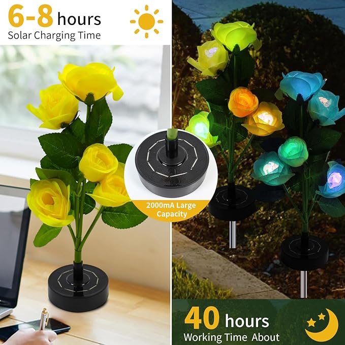 Solar Rose Garden Lights Outdoor Decorative, 7 Color Changing Solar Flower Lights Waterproof, 40H Solar Powered Pathway Lights for Yard Lawn Patio Walkway Landscape Decor, 2pcs