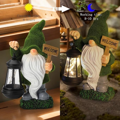 St Patrick’s Day Green Garden Gnome Statue with Solar Lantern Welcome Sign Outdoor Decor for Porch Lawn Patio Yard Holiday Decorations Housewarming Gifts for Women