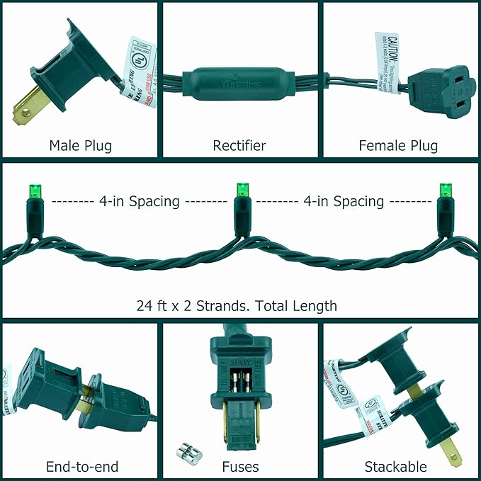 YULETIME Green One-Piece Wide Angle Christmas Lights 140 Count 48 Feet, 2 Sets 70 LED 24 ft High Waterproof 5mm UL Certified String Light (Green)