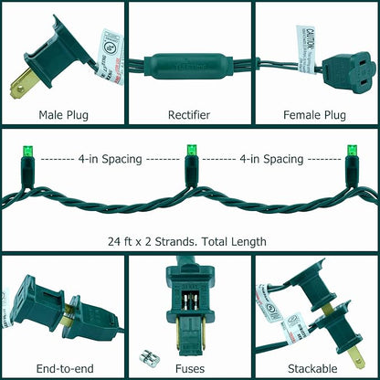 YULETIME Green One-Piece Wide Angle Christmas Lights 140 Count 48 Feet, 2 Sets 70 LED 24 ft High Waterproof 5mm UL Certified String Light (Green)