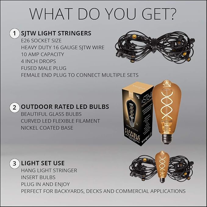 Wintergreen Lighting 30' FlexFilament LED ST64 Edison Bulb String Lights, Suspended - Outdoor Security Flood Light | Lumora