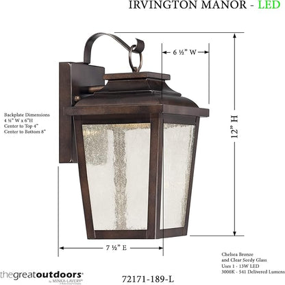 THE GREAT OUTDOORS Irvington Manor 1 Light LED Wall Mount in Chelsea Bronze with Clear Seeded Glass