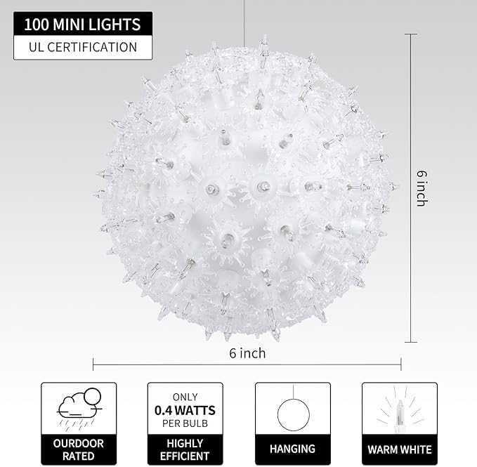 Brightown Outdoor Christmas Decorations-Starlight Sphere, Replaceable Bulbs with Add-On Plug, Lighted Sphere Balls for Trees Party Wedding Patio Indoor Decorations 6in-2pc 100 LED(Warm White)