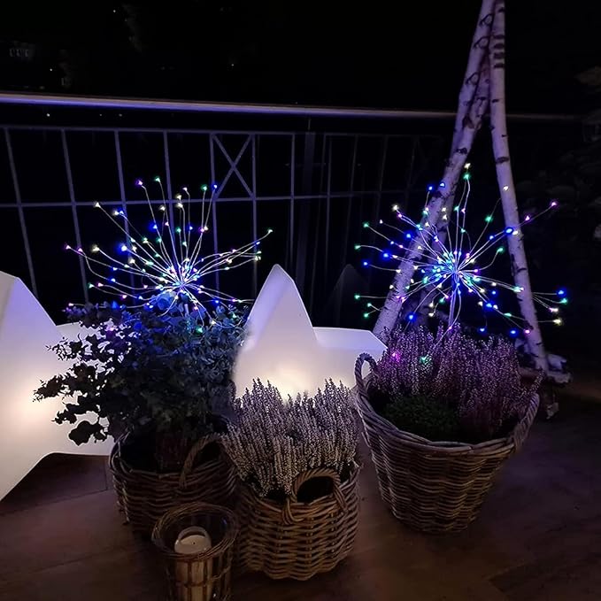 Solar Firework Lights 2Pcs Garden Lights Outdoor Waterproof, 120 LED with 8 Modes Twinkling and Steady-On, Festive daysStarburst Lights for Path, Patio, Yard (Colorful)