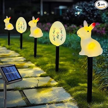 AVEKI 5 Pcs Easter Bunny and Egg Solar Pathway Lights Outdoor, Stake Lights with Steady & Flashing Modes, Waterproof Outdoor Garden Lights for Easter Decorations Yard Pathway (Bunny and Egg)
