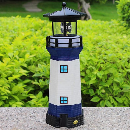 Solar Garden Lighthouse， White and Blue Lighthouse statutte with Rotating Lamp Outdoor Decorative LED Lights for Garden Patio Lawn