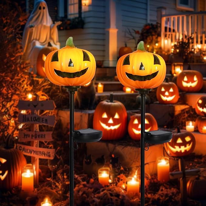 Afirst Halloween Pumpkin Pathway Solar Lights Handblown Glass Halloween Jack O Lantern Yard Display Solar LED Outdoor Décor Front Porch Decor 2 Pack, Orange
