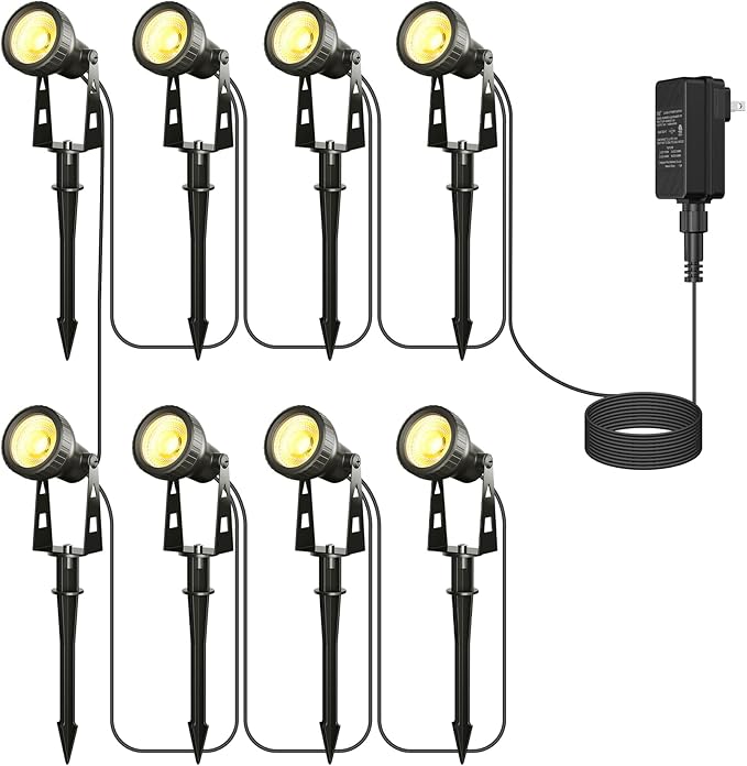 Outdoor Landscape Lighting, 8-Pack Low Voltage LED Spot Lights with Transformer, Waterproof IP65 Outdoor Landscape Lights for Garden, Yard, Backyard, Lawn, Trees, House, Flags – Warm White