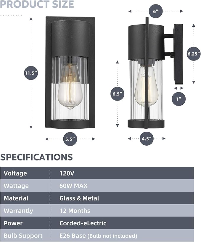 Outdoor Wall Lights, 2 Pack Black Exterior Lighting Fixtures Outdoor Waterproof Wall Mount Lantern with Glass, Modern Outside Wall Sconce for House Porch Garage Doorway, 2254/1W-2PK