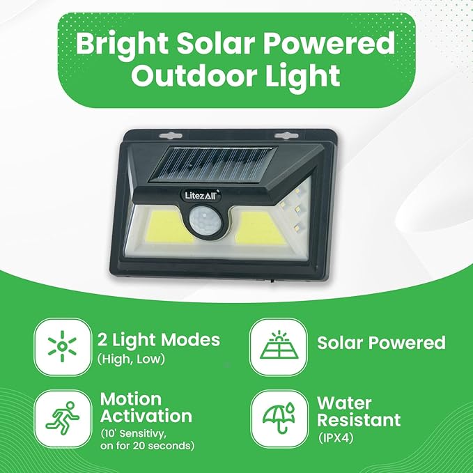 LitezAll 1500 Lumen Solar Night Light Outdoor – Solar Powered Motion Light for Deck, Garage - LED Lights Outdoor