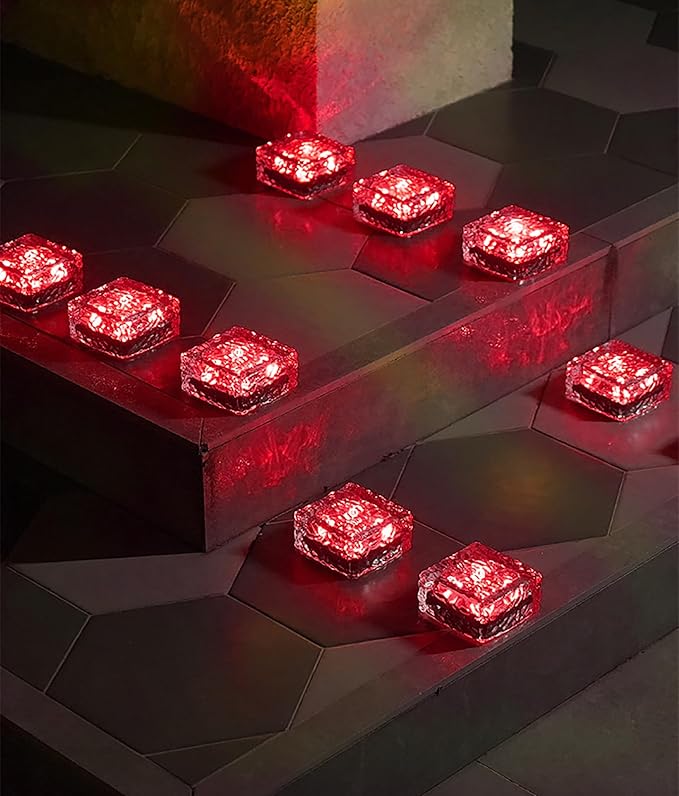 keeda Solar Brick Lights Waterproof Solar Path Ice Cube Lights Outdoor LED Decorative Ice Block Floor Tile Lights for Garden, Pathway, Patio, Walkway (Red, Pack of 2)