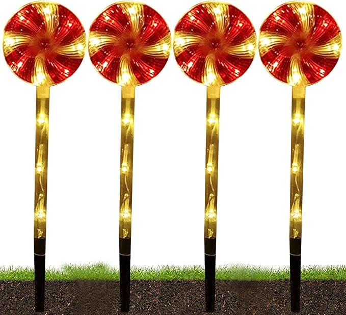 Solar Garden Lights Candy Cane Lights, 4 Cute Christmas Lollipop Pathway Lights with Stakes, Waterproof Outdoor Solar Pathway Lights for Christmas Decoration, Yard, Yard, Lawn (Color : Red)