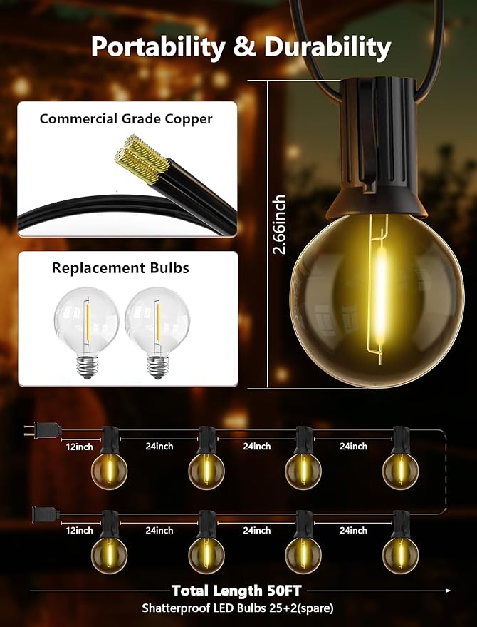 50FT LED Outdoor String Lights, G40 Globe Christmas String Lights Waterproof with 25 Warm White Bulbs & 2 Spare, Connectable Hanging Lights for Patio Backyard Porch Christmas Party Decor