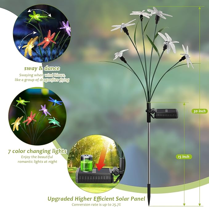 2PCS Outdoor Solar Lights, Waterproof Solar Lights Outdoor Pathway, Solar-Powered Garden Swing Dragonfly Decorative Lights for Yard Balcony Flower Bed, Gardening Gift for Plant Lovers