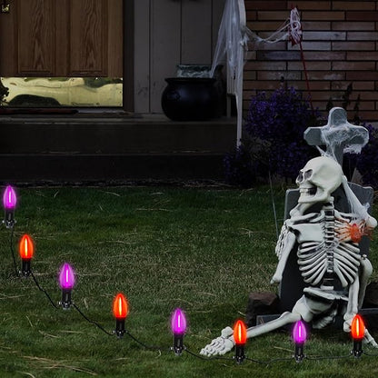 SUNSGNE Halloween Pathway Lights, 19.5Ft Halloween Stake Lights with 10 Count C9 LED Orange and Purple Bulbs for Lawn Yard Sidewalk Garden Decoration