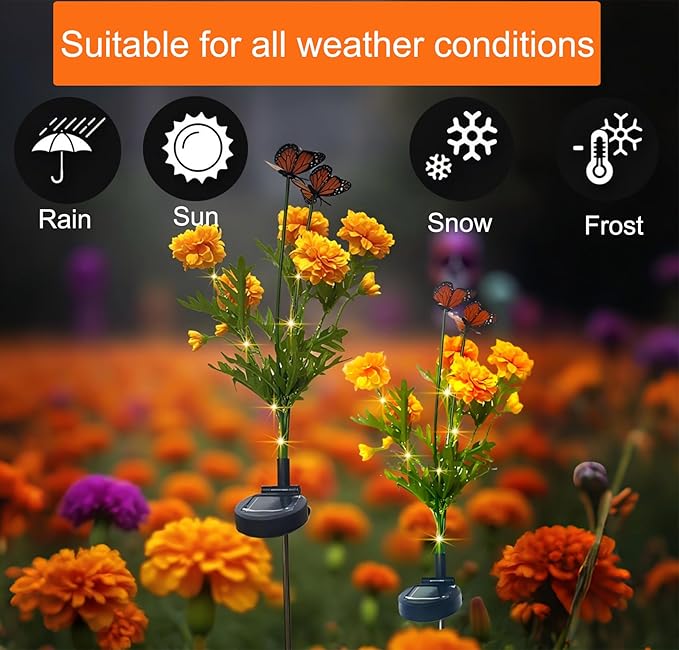 Solar Marigold Garden Lights, 2 Pack Solar Swaying Monarch Butterfly Lights with Flowers,Artificial Flower Lights for Halloween & Día de Los Muertos (Day of The Dead) Decorations