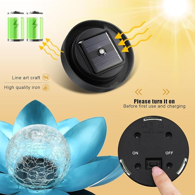 VIHOSE 4 Pcs Lotus Solar Light Outdoor LED Waterproof Art Globe Glass Decoration Outdoor Table Decor Garden Gifts Decorative Crackle Globe Glass Metal Lotus Flower for Patio Lawn (Blue)