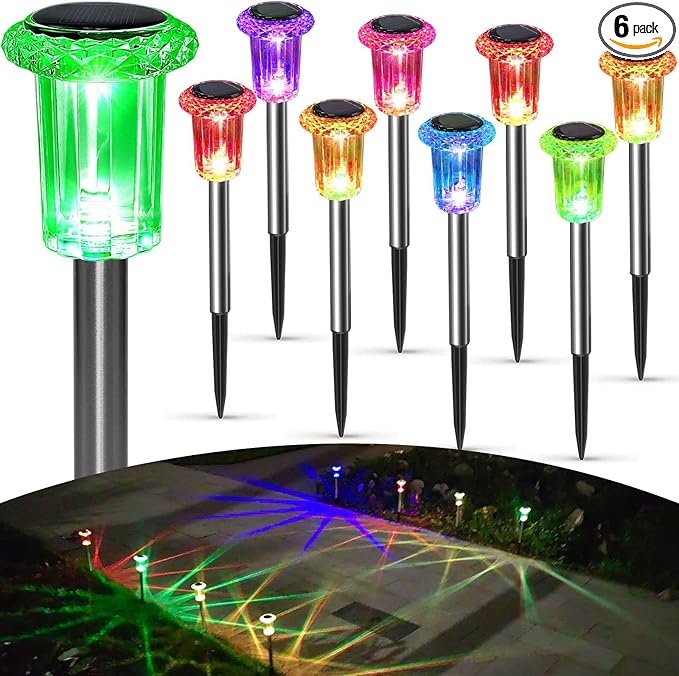 Solar Pathway Lights Outdoor, 6 Pack Stainless Steel LED Landscape Lighting Waterproof Solar Powered Yard Walkway Lights for Patio Lawn Yard Landscape Walkway(Multicolor)