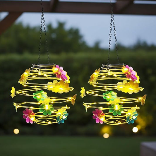 2 Pack Solar Lanterns Outdoor Waterproof , 30LEDs Hanging Solar Lights with Flower for Garden Patio Yard Decor, Gift for Grandma Gardeners Women