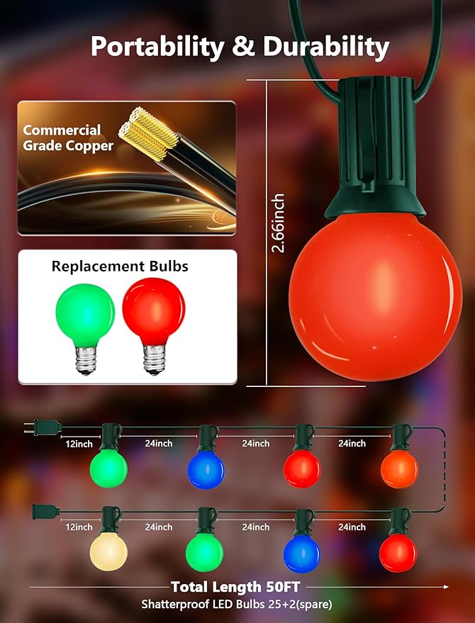 50Ft Outdoor Multicolor Christmas Lights, G40 Globe Patio String Lights with 27 Ceramic Colorful LED Bulbs(2 Spare), Outside Christmas Lights for Holiday Party Garden Backyard Roofline Xmas Decor