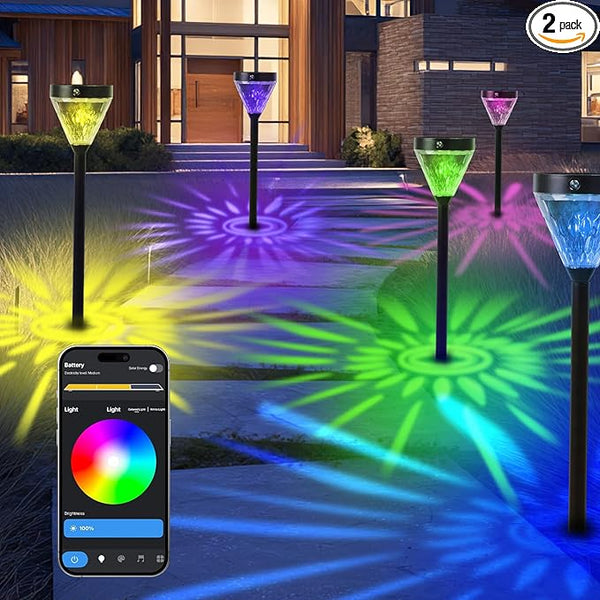 Giant Smart Solar Pathway Lights - 2 Pack Tall Bright RGBCW Waterproof, APP Control Outdoor Solar Lights for Paths | Lumora