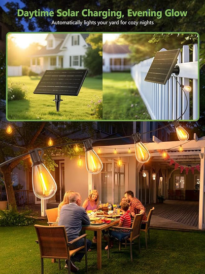 luckystyle 50FT Solar String Lights Outdoor Waterproof 2200K with Remote & USB Charging, 18+1 LED Shatterproof Bulbs, Dimmable & Timable, 3 Light Modes, Long Last for Garden,Patio, Backyard, Camping