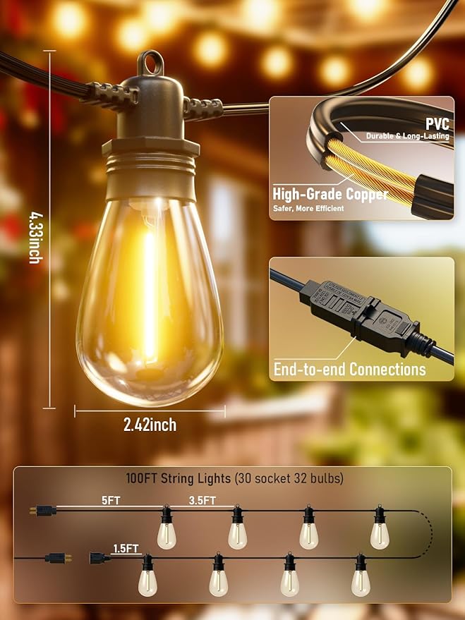 100FT LED Outdoor String Lights with 30 Edison Shatterproof IP65 Waterproof Bulbs, 2700K Dimmable Commercial Grade | Lumora