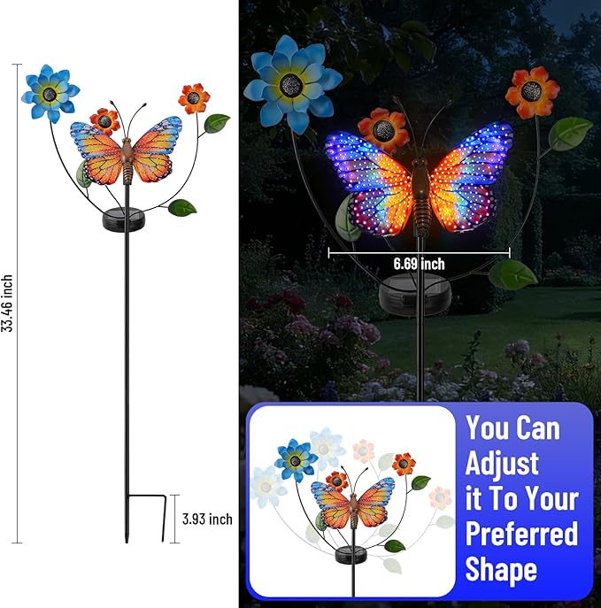 Solar Butterfly Garden Lights, 2 Lighting Modes, Colorful LED with Flower & Butterfly Decor, Waterproof Solar Stake Lights for Garden Yard Patio Lawn Pathway (Yellow)
