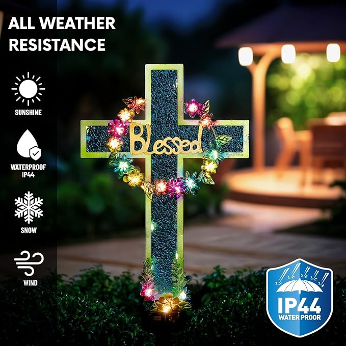 Solar Cross Stake for Cemetery Grave, Memorial Grave Decoration with Flowers and LED Light, Outdoor Solar Cross for Lawn Garden Pathway Decor (Blue)