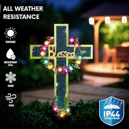Solar Cross Stake for Cemetery Grave, Memorial Grave Decoration with Flowers and LED Light, Outdoor Solar Cross for Lawn Garden Pathway Decor (Blue)
