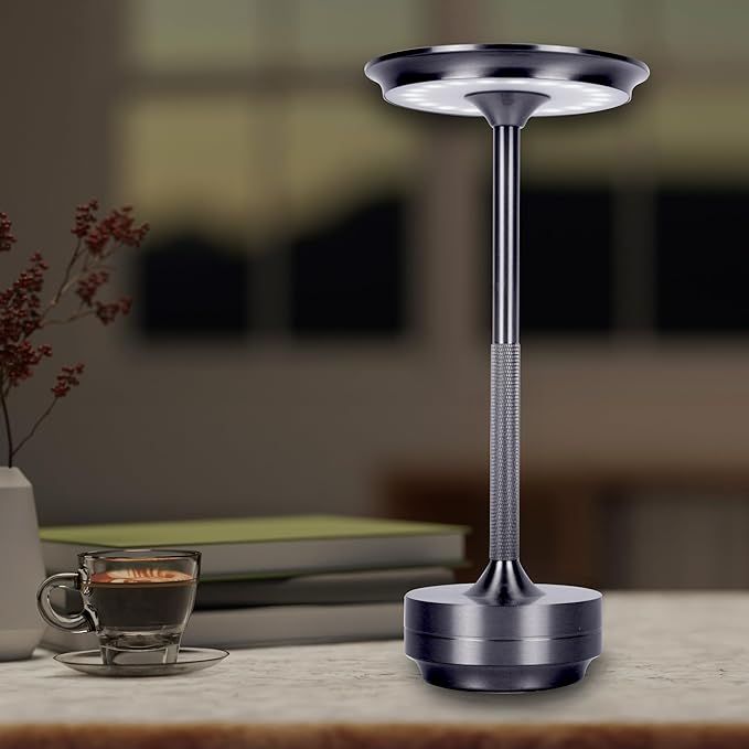 Cordless Table Lamps Rechargeable, Portable Battery Operated Lamp, 3 Color Stepless Dimming LED Table Light with Memory Function, for Outdoor/Dinner/Patio/Restaurant (Gun Metal Silver)