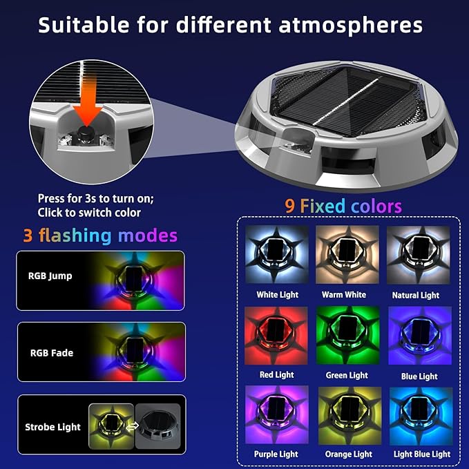 Sumaote Solar Driveway Lights Outdoor, 9 Color Modes LED RGB Dock Deck Lights IP67 Waterproof, Color Changing Security Markers for Garden Yard Pathway Step Ground, 4 Pack