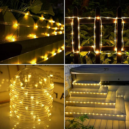 Solar Rope Lights, 33ft 100LED Solar String Lights, 8 Modes Waterproof Solar Powered Outdoor Light, Flexible Clear Tube Light for Garden, Backyard, Patio, Deck, Porch, Pool,Tree Decoration- Warm White